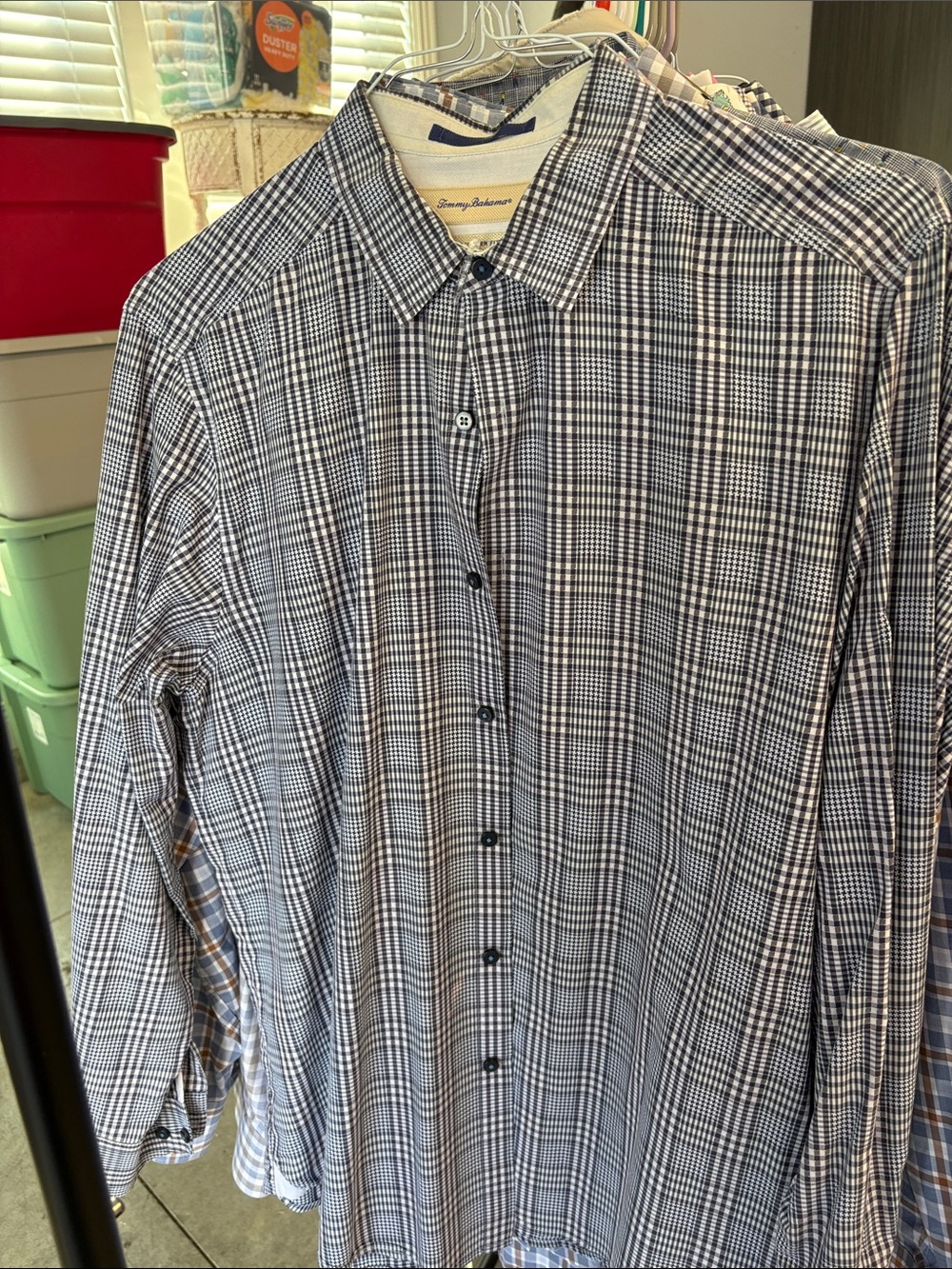 Tommy Bahama Blue and White Plaid Long-Sleeve Button-Down Shirt Sz L
